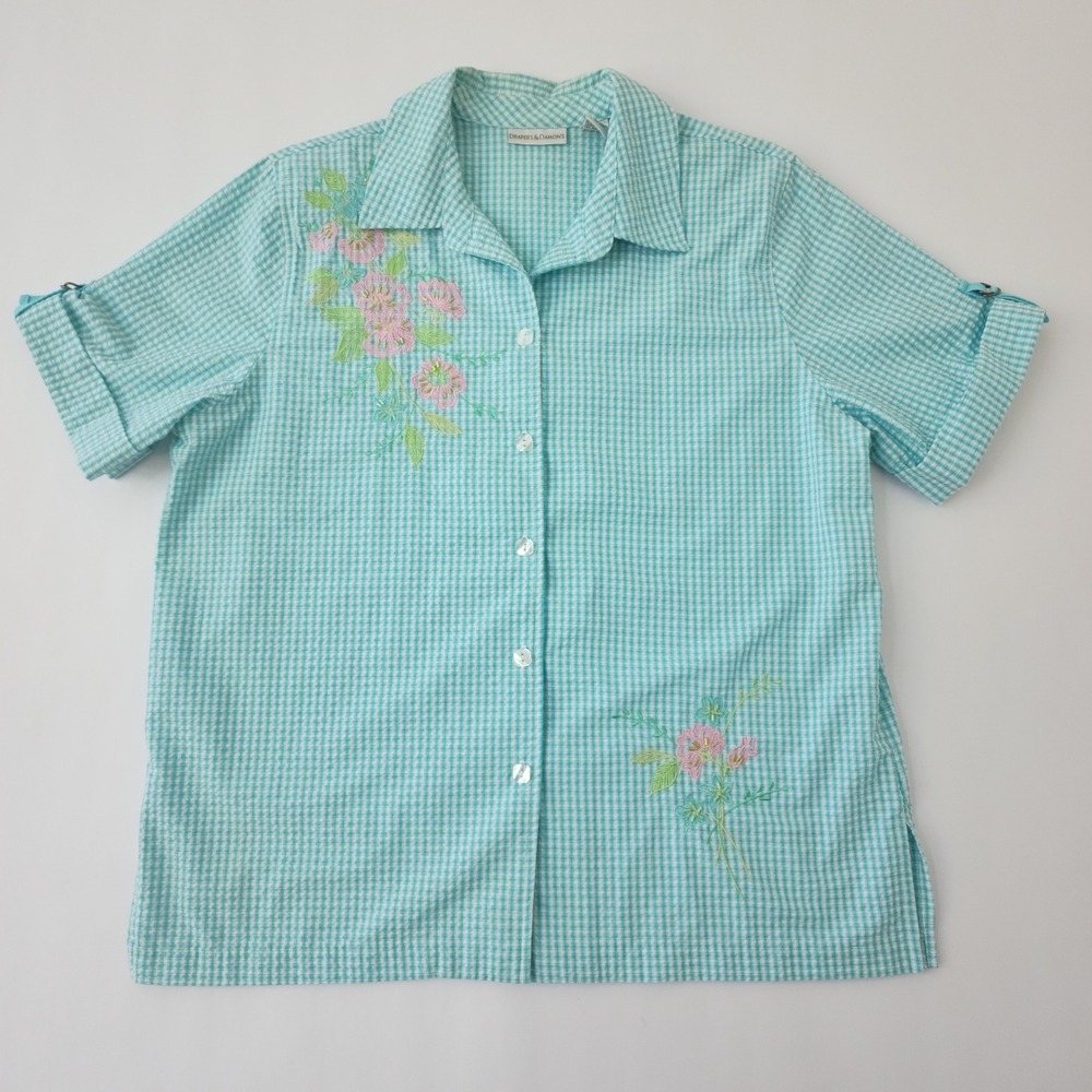 Drapers & Damons Teal‎ Gingham Floral Embroidered Beaded Button Down Shirt L
